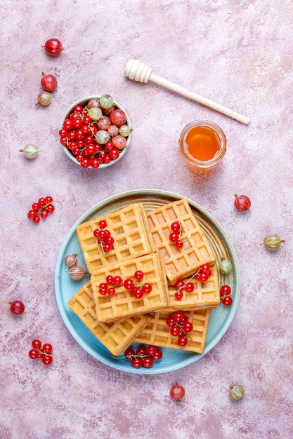 Vierkante belgische wafels met loquat fruit en honing