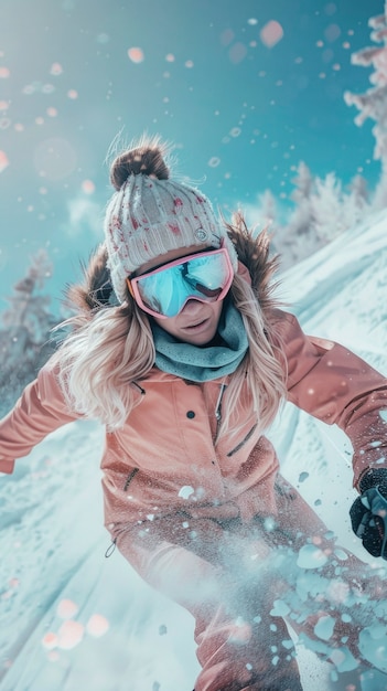 Gratis foto view of woman snowboarding with pastel shades and dreamy landscape