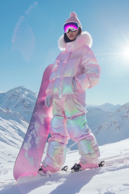 Gratis foto view of woman snowboarding with pastel shades and dreamy landscape