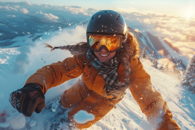 Gratis foto view of woman snowboarding with pastel shades and dreamy landscape