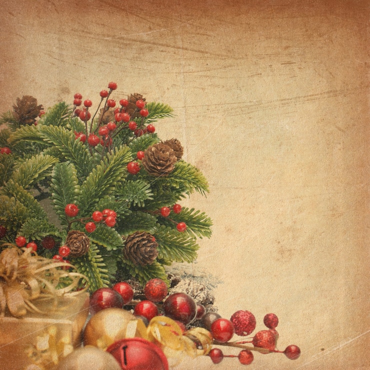 Gratis Foto vintage achtergrond van kerstmis met krans gift bessen en snuisterijen