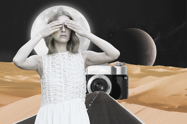 Gratis foto vintage collage met vrouw en camera