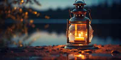Gratis foto vintage lantaarn verlicht zijn licht dansen over het reflecterende oppervlak hieronder