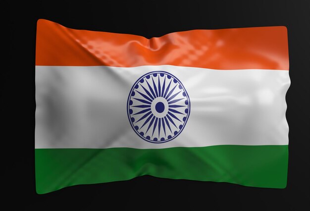 Vlag van India op zwarte achtergrond, 3D render illustratie afbeelding