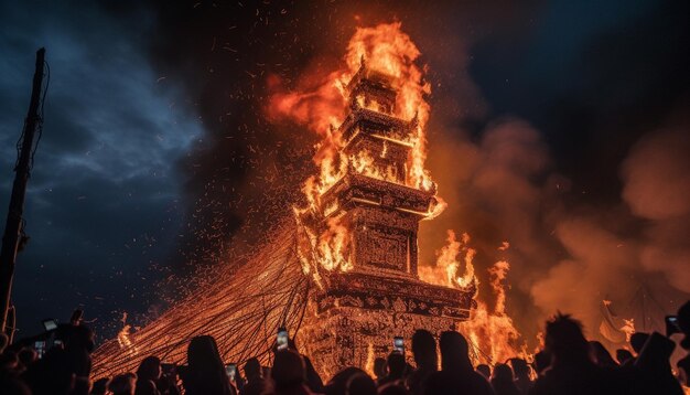 Vlammen ontsteken cultuurreligie en oude ruïnes gegenereerd door AI