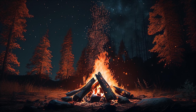 Vlammen overspoelen de door AI gegenereerde inferno-verbranding in het bos