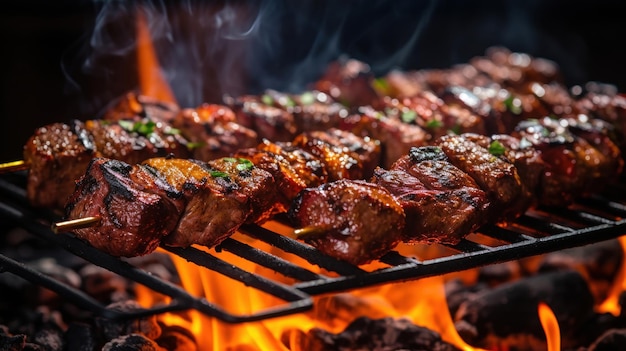 Vlees hangt op spijzen op de grill