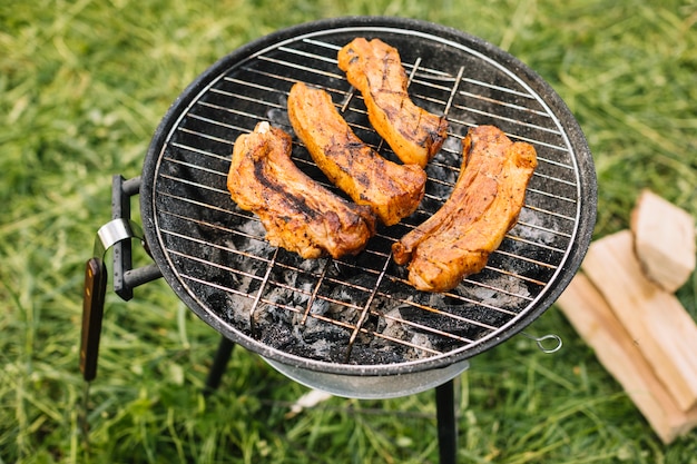 Vlees op barbecuegrill in aard