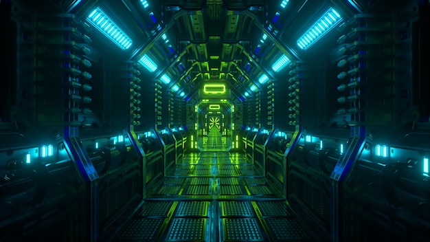 Vliegen in een ruimteschiptunnel, een sci-fi shuttle-corridor. futuristische abstracte technologie. technologie en toekomstconcept. knipperend licht. 3d illustratie