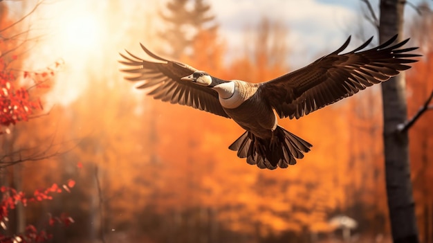 Gratis foto vliegend door een herfstbos een canadese gans