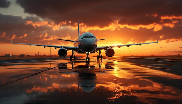 Vliegend vliegtuig bij zonsondergang dat passagiers vervoert in een bedrijf gegenereerd door AI