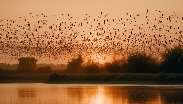 Gratis foto vliegende dieren in silhouet tegen avondrood gegenereerd door ai