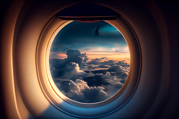 Vliegtuig vliegt over levendige blauwe lucht en wolken generatieve AI