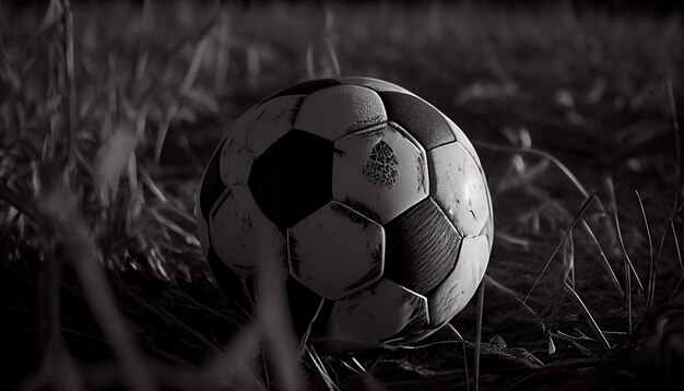 Voetbalballon in het kamp monochrome scène generatieve AI