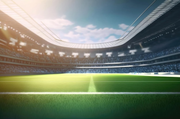 Voetbalstadion met groen gras en blauwe lucht