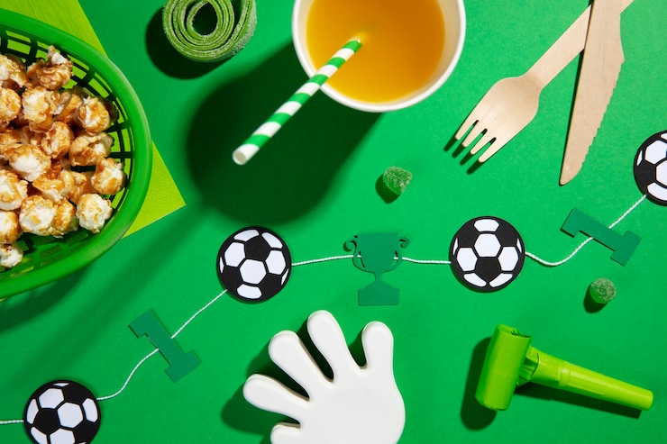 Gratis Foto voetbalverjaardag met popcorn bovenaanzicht