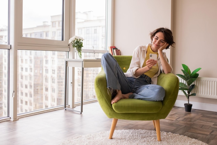 Gratis Foto volledig beeld van vrouw met glas water die op de stoel zit