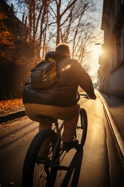 Volledig geschoten man fiets buiten