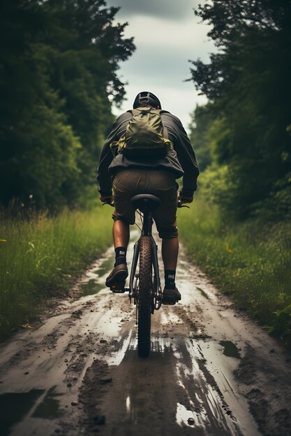 Volledig geschoten man op de fiets buitenshuis