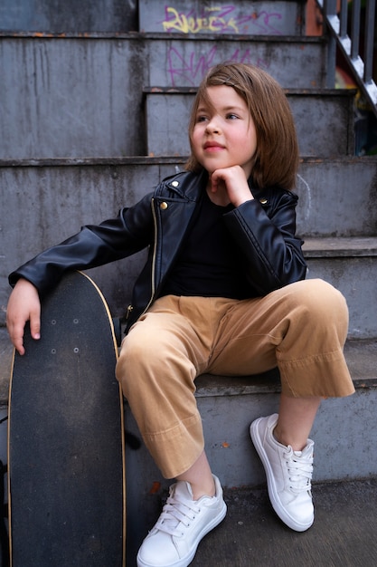 Gratis foto volledig geschoten meisje met skateboard