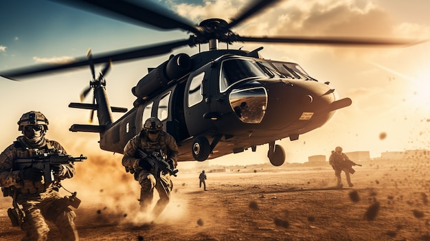 Volledig geschoten soldaten die vechten met een helikopter