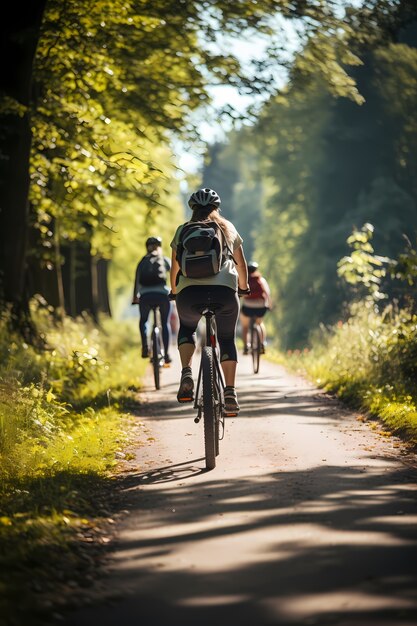 Volledig geschoten vrienden op fietsen buitenshuis