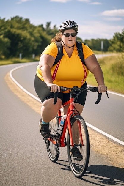 Volledig geschoten vrouw die buiten fietst