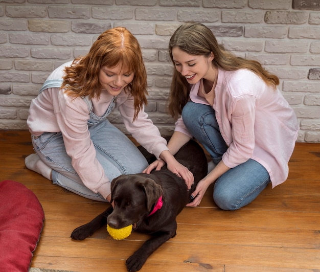 Gratis foto volledig geschoten vrouwen die met hond op vloer spelen