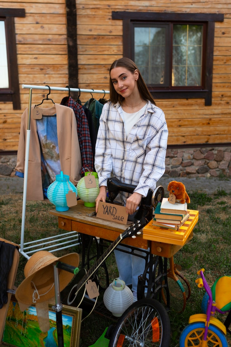 Gratis Foto volledig geschotene vrouw bij garage sale