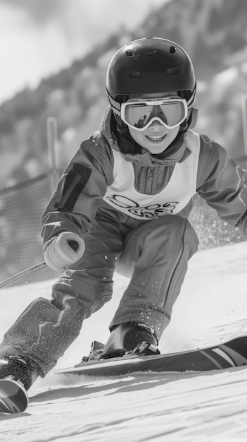 Gratis foto volledige opname kind skiën monochroom