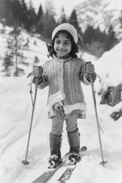 Gratis foto volledige opname kind skiën monochroom
