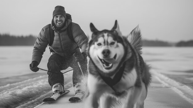 Volledige opname man skiën monochroom