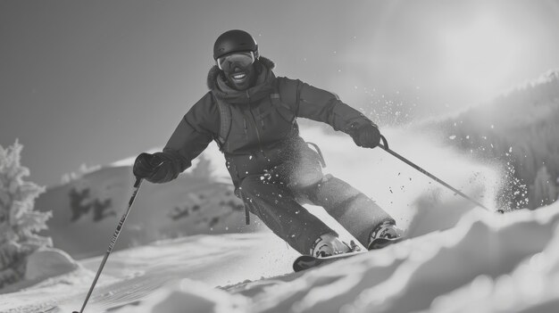 Gratis foto volledige opname man skiën monochroom