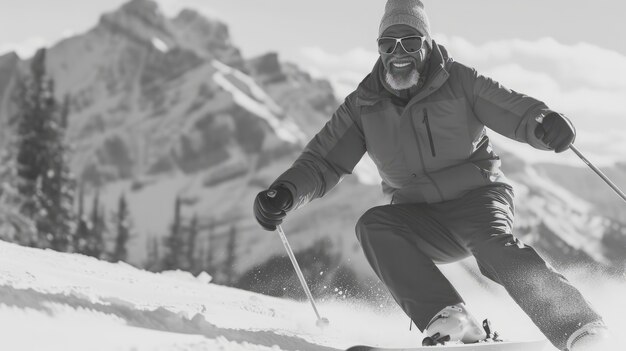 Gratis foto volledige opname man skiën monochroom