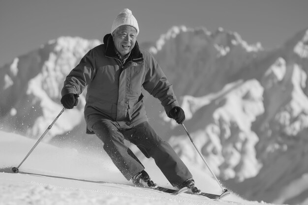 Volledige opname man skiën monochroom