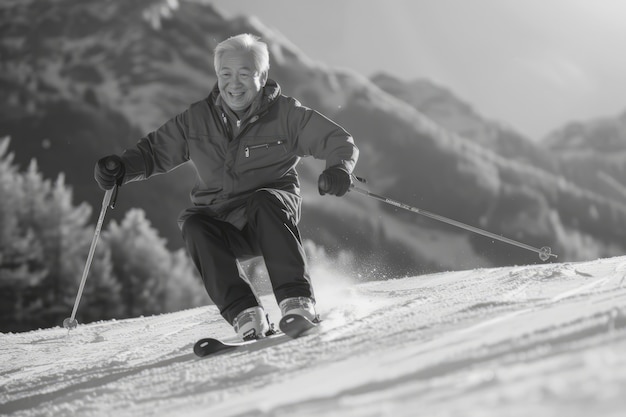 Volledige opname man skiën monochroom