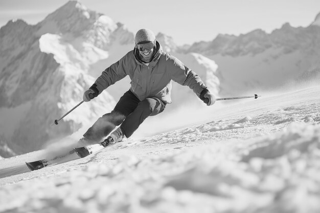 Volledige opname man skiën monochroom