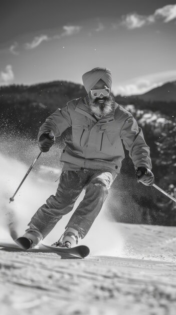 Volledige opname man skiën monochroom