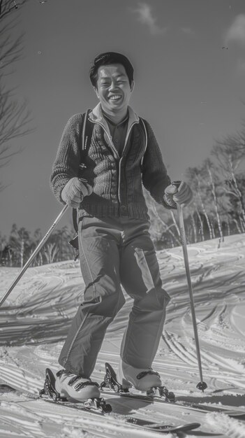Volledige opname man skiën monochroom