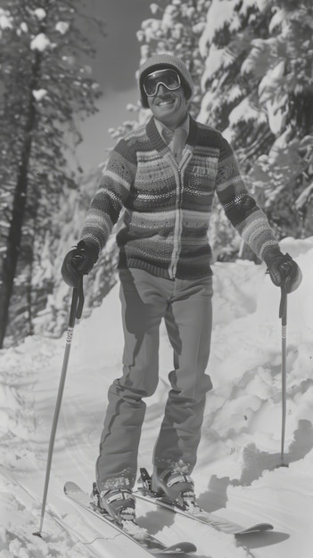 Volledige opname man skiën monochroom