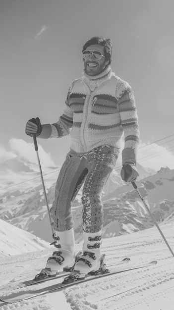 Volledige opname man skiën monochroom