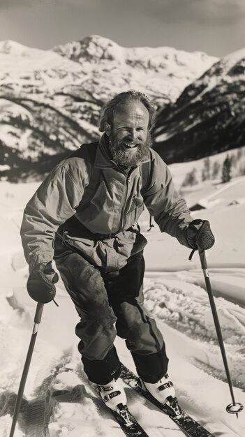 Volledige opname man skiën monochroom