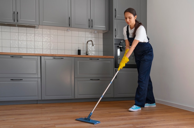 Gratis Foto volledige opname van een vrouw die het huis schoonmaakt.