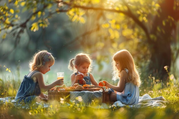 Volledige opname van kinderen die genieten van een picknickdag.