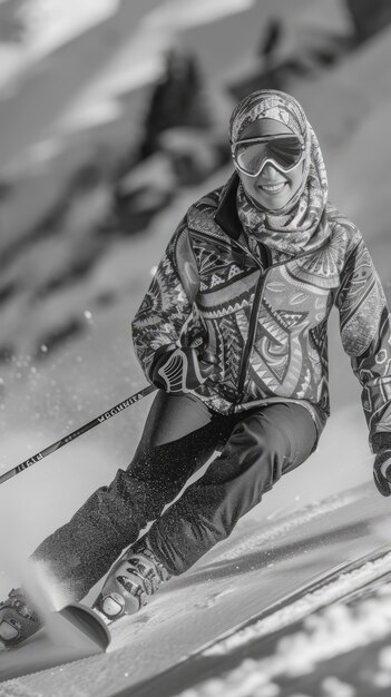Volledige opname vrouw skiën monochroom