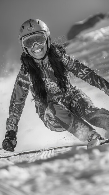 Volledige opname vrouw skiën monochroom