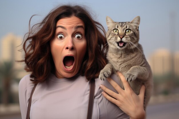 Gratis foto volwassen mooie vrouw verbaasde uitdrukking buiten in een stad ai gegenereerd