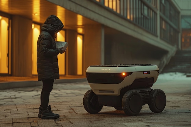 Gratis foto volwassen persoon die interactie heeft met een futuristische bezorgrobot