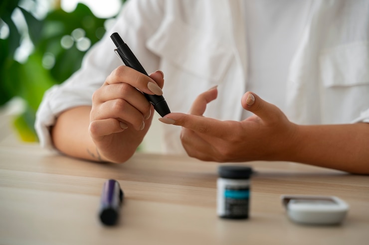 Gratis Foto vooraanzicht diabetesvrouw die haar glucoseniveau controleert
