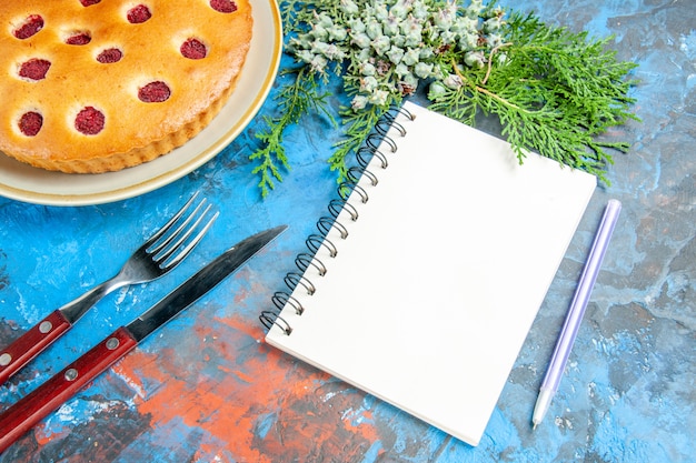 Vooraanzicht frambozencake op plaat kegels vork mes een notitieboekje op blauwe tafel